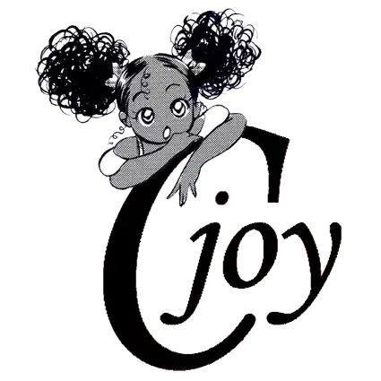 A girl with 2 afro puffs leans on the words "C Joy"